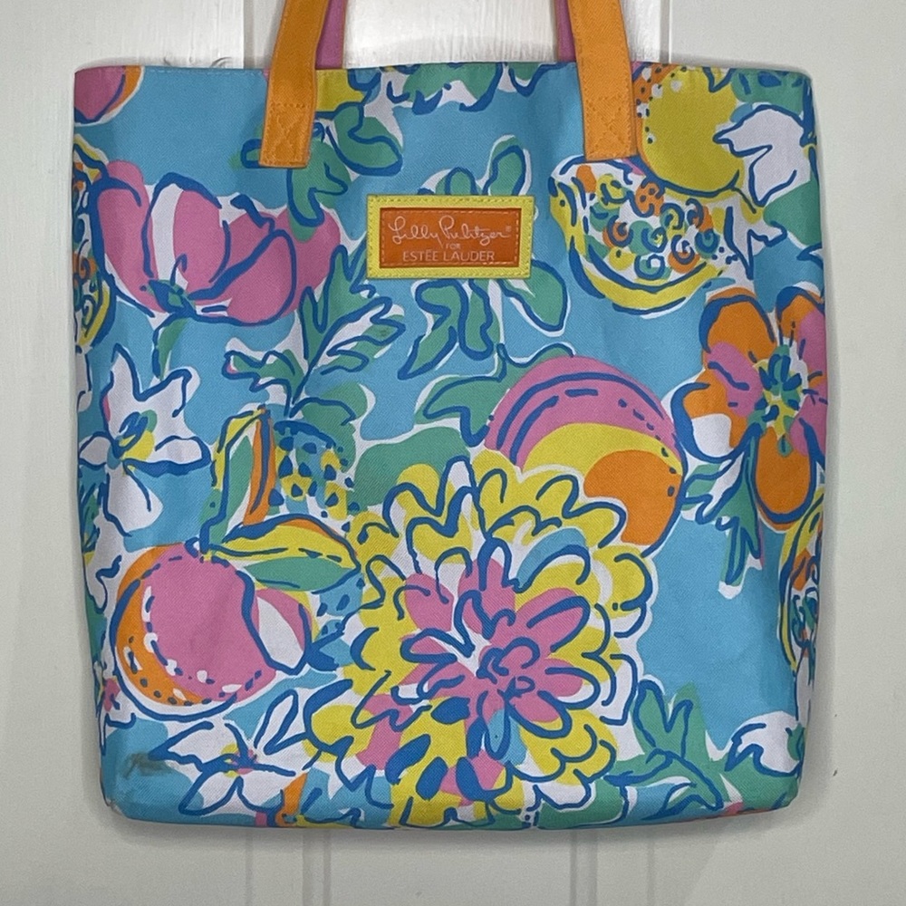 Lilly Pulitzer For Estee Lauder Floral Large Tote Bag Bright Colors Blue Pink